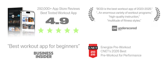 BODi app rated 4.9 with 292,000+ App Store reviews, named best workout app by CNN Underscored and best workout app for beginners by Business Insider