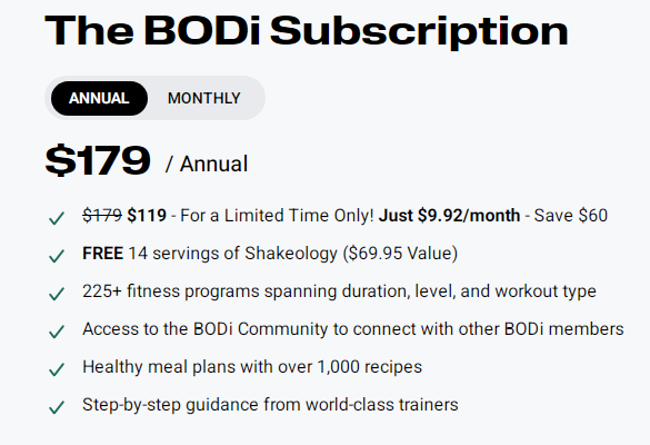 BODi Annual Subscription - $119 with Free Shakeology