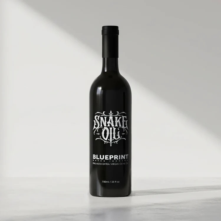 Blueprint Extra Virgin Olive Oil, labeled Snake Oil